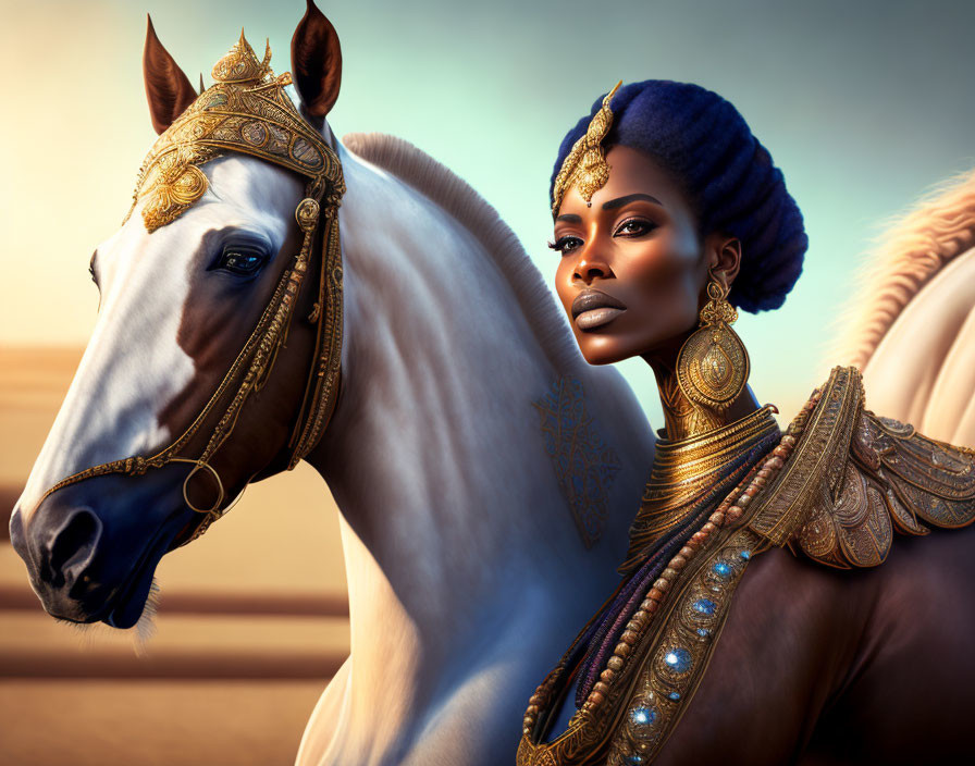 Regal woman with golden jewelry beside white horse on warm backdrop