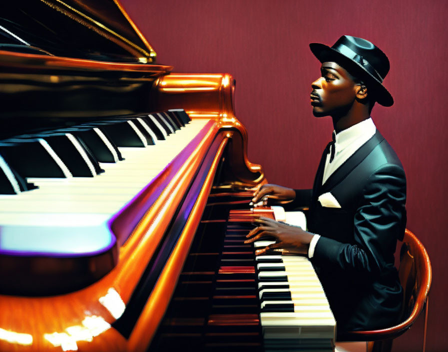 Elegant person in fedora and suit playing grand piano in maroon room