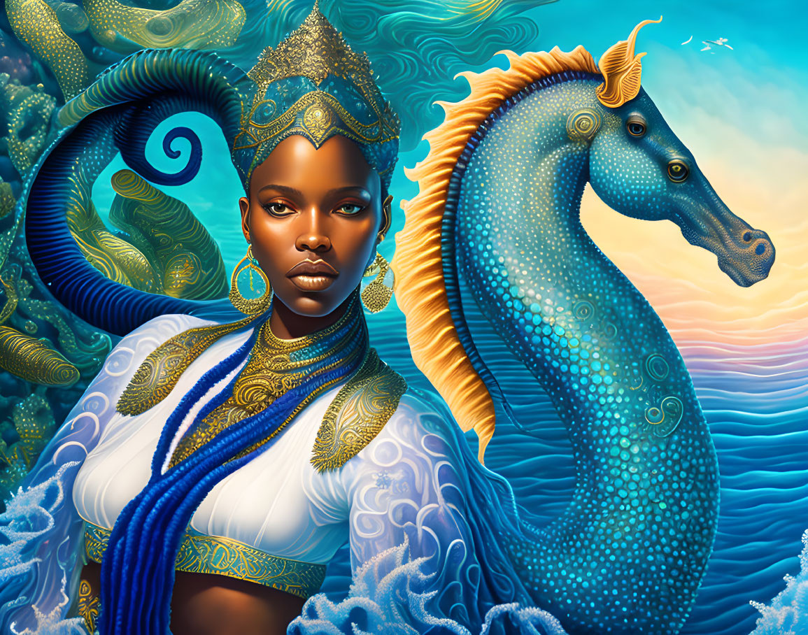 Regal woman portrait with oceanic elements and fantastical seahorse.