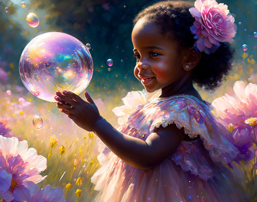 Young girl in floral dress plays with iridescent bubbles in pink flower field