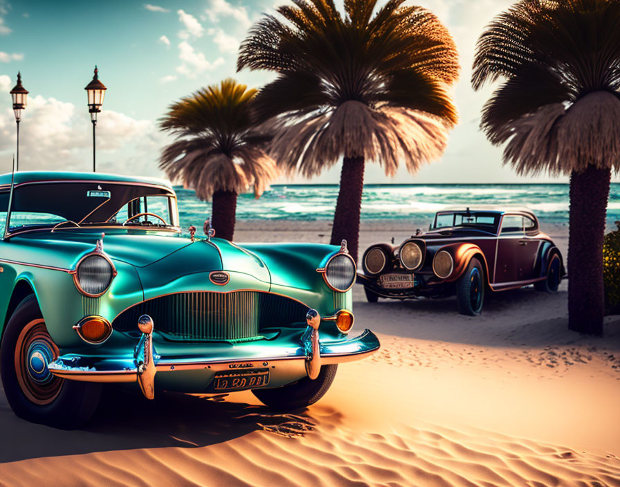 Classic Cars Parked on Sandy Beach at Sunset with Palm Trees