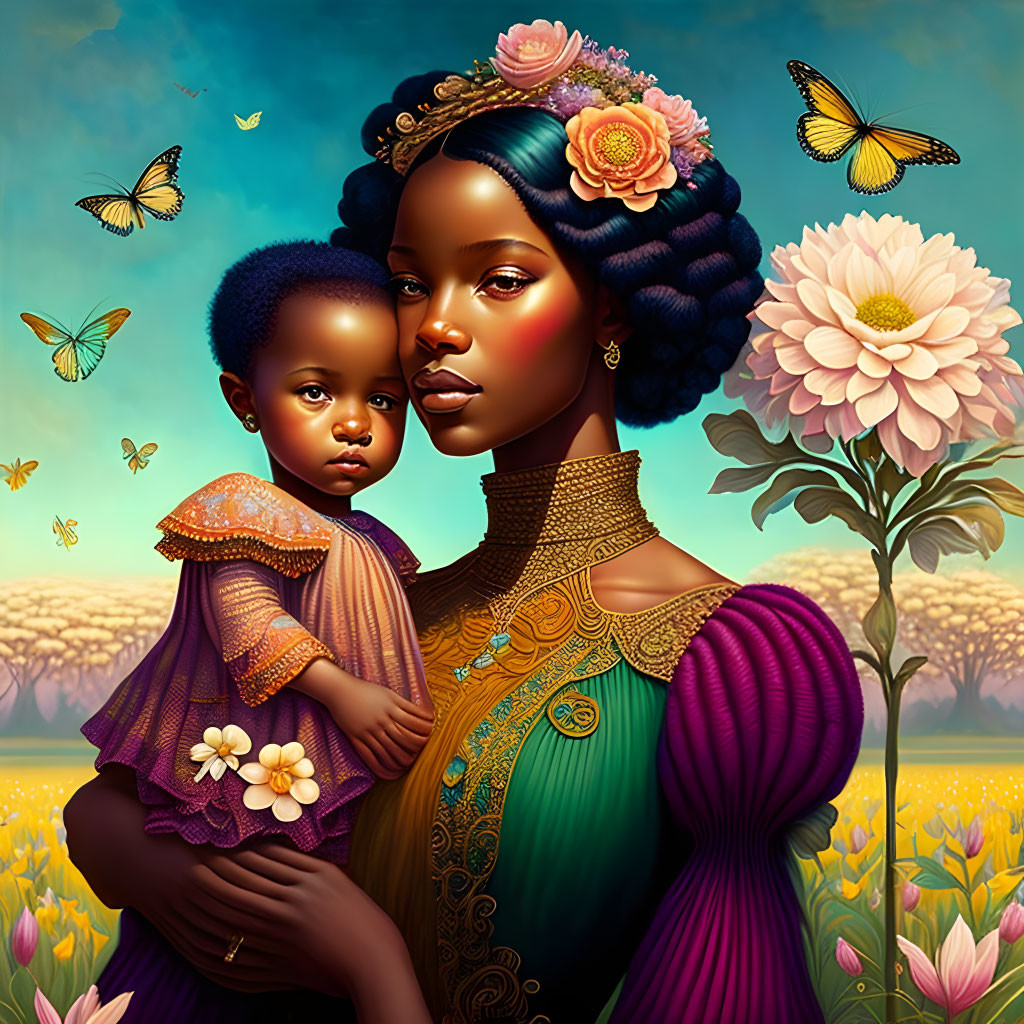 Digital Art: Woman with Blue Hair and Child in Flower Landscape