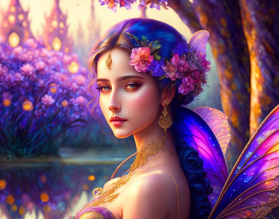 Fantasy illustration of female fairy with butterfly wings in purple floral attire in magical forest