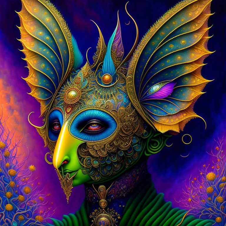Colorful digital artwork: Peacock-themed creature with intricate patterns in deep blues and greens