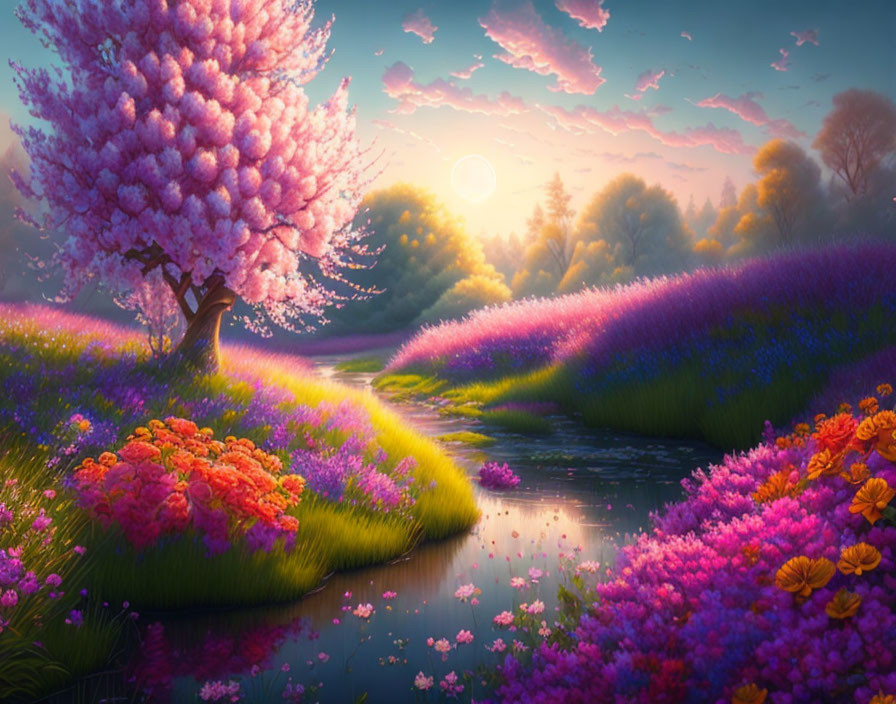 Colorful landscape with pink blossomed tree, flowerbeds, stream, and sunset sky