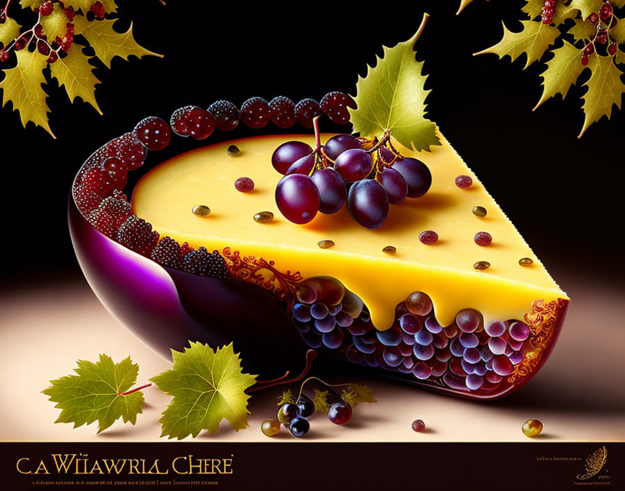 Cheese Wedge with Wine Glass, Grapes, and Leaves Artwork