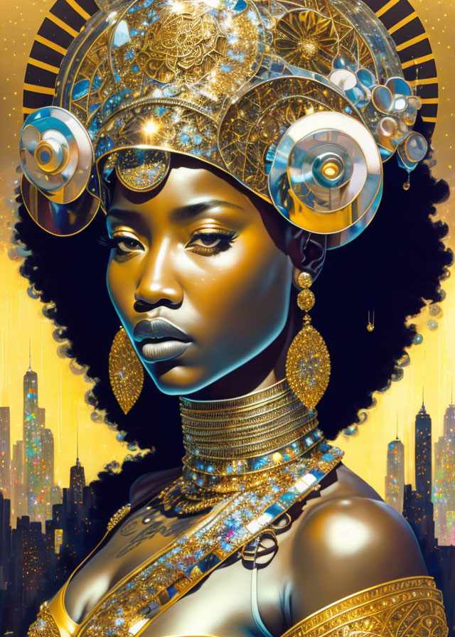 Digital artwork: Woman with futuristic headdress and jewelry in golden cityscape.