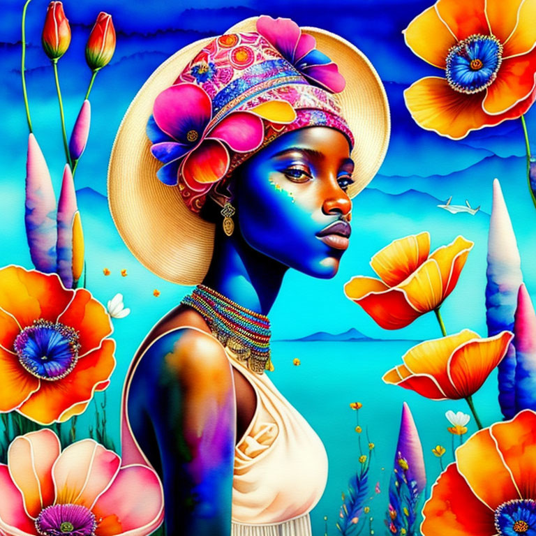 Colorful digital artwork of woman with blue skin in floral setting