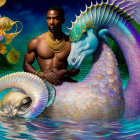 Shirtless man with sea creature in vibrant underwater scene