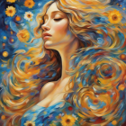 Illustration of Woman with Golden Hair and Blue Flowers in Celestial Setting