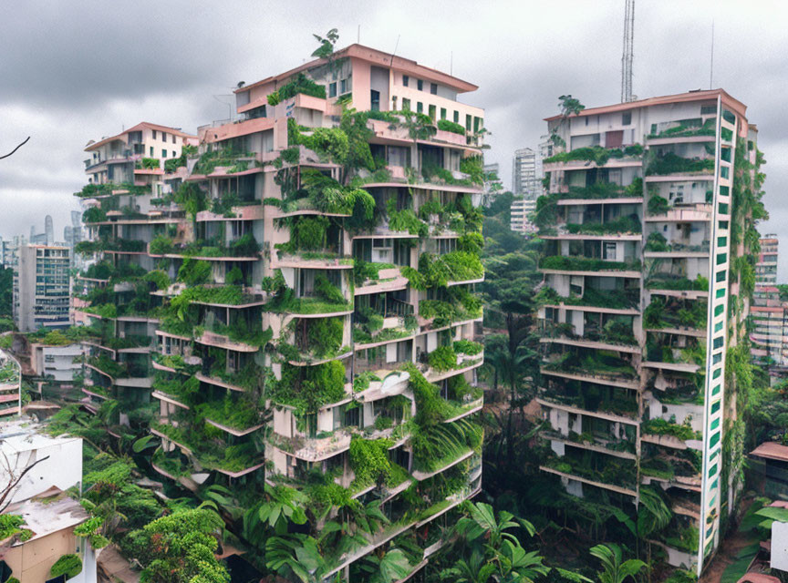 Lush Green Plants Covering Urban Apartment Buildings