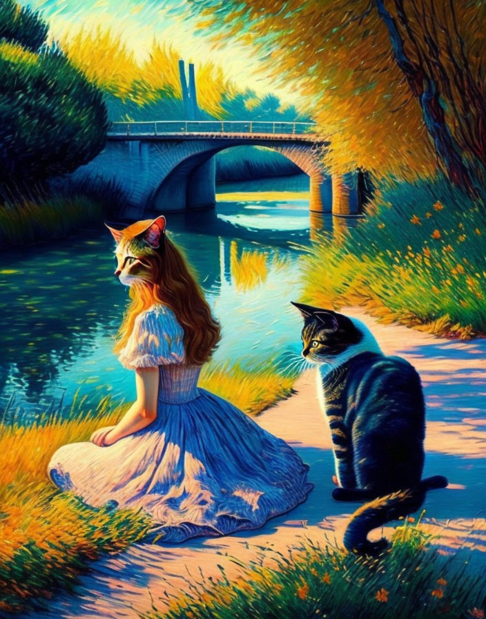 Girl with Cat-Like Features and Feline Companion by Serene River