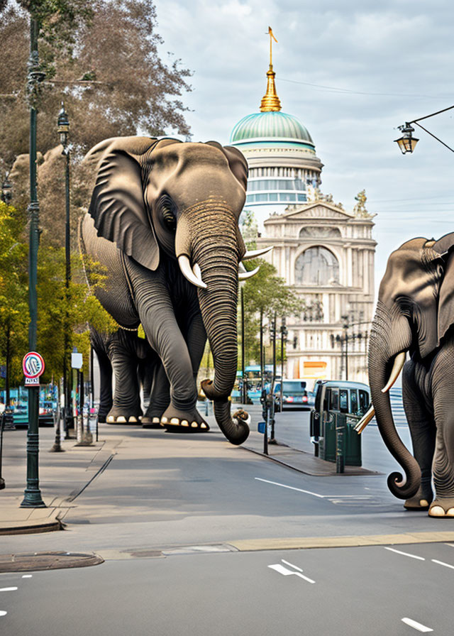 Surreal city street with large elephant statues and classic building