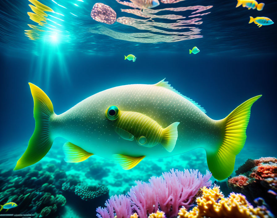 Colorful Undersea Scene with Large Green Fish and Corals