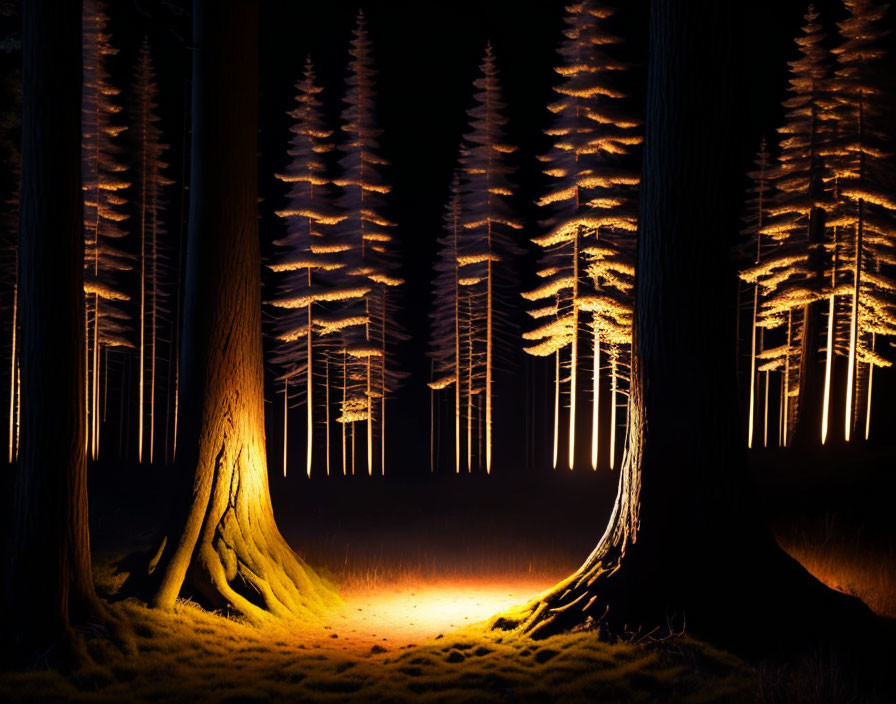 Nighttime Forest Scene with Warm Golden Light and Long Shadows