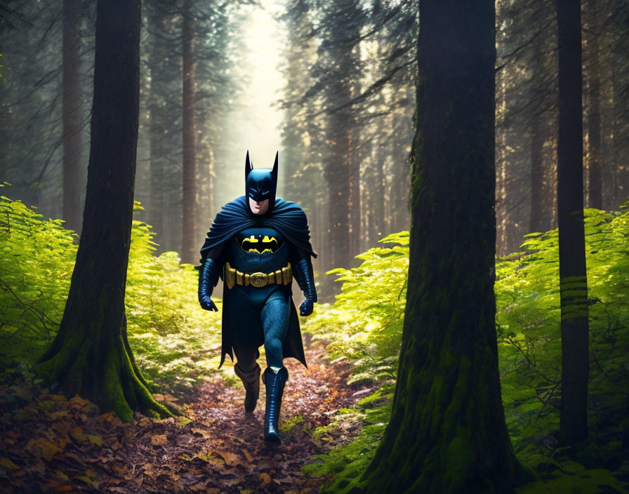 Cosplayer as Batman in misty forest with sunlight filtering through trees