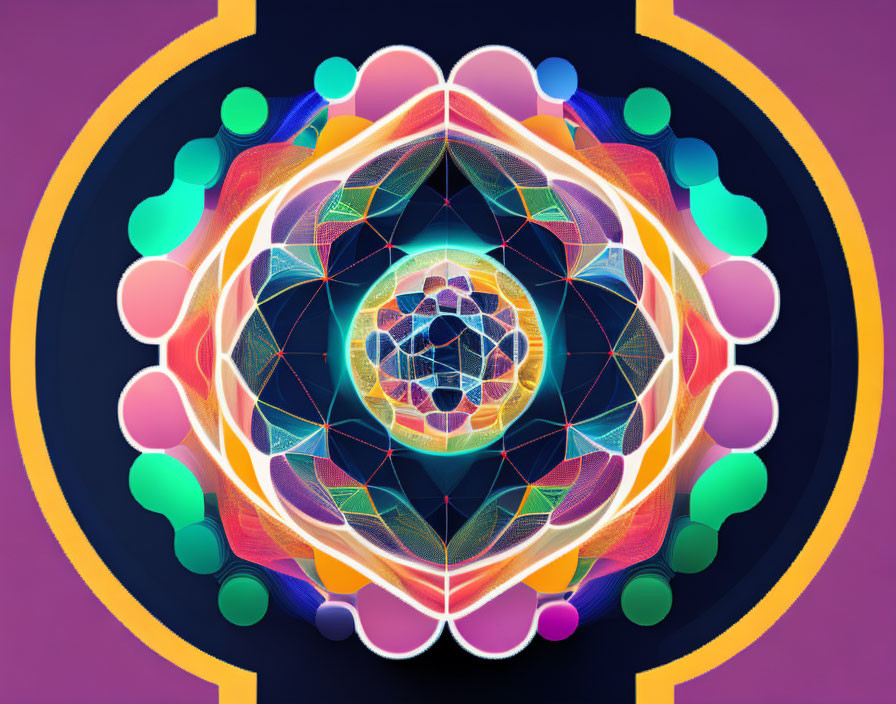 Colorful neon glow digital mandala with complex geometric patterns