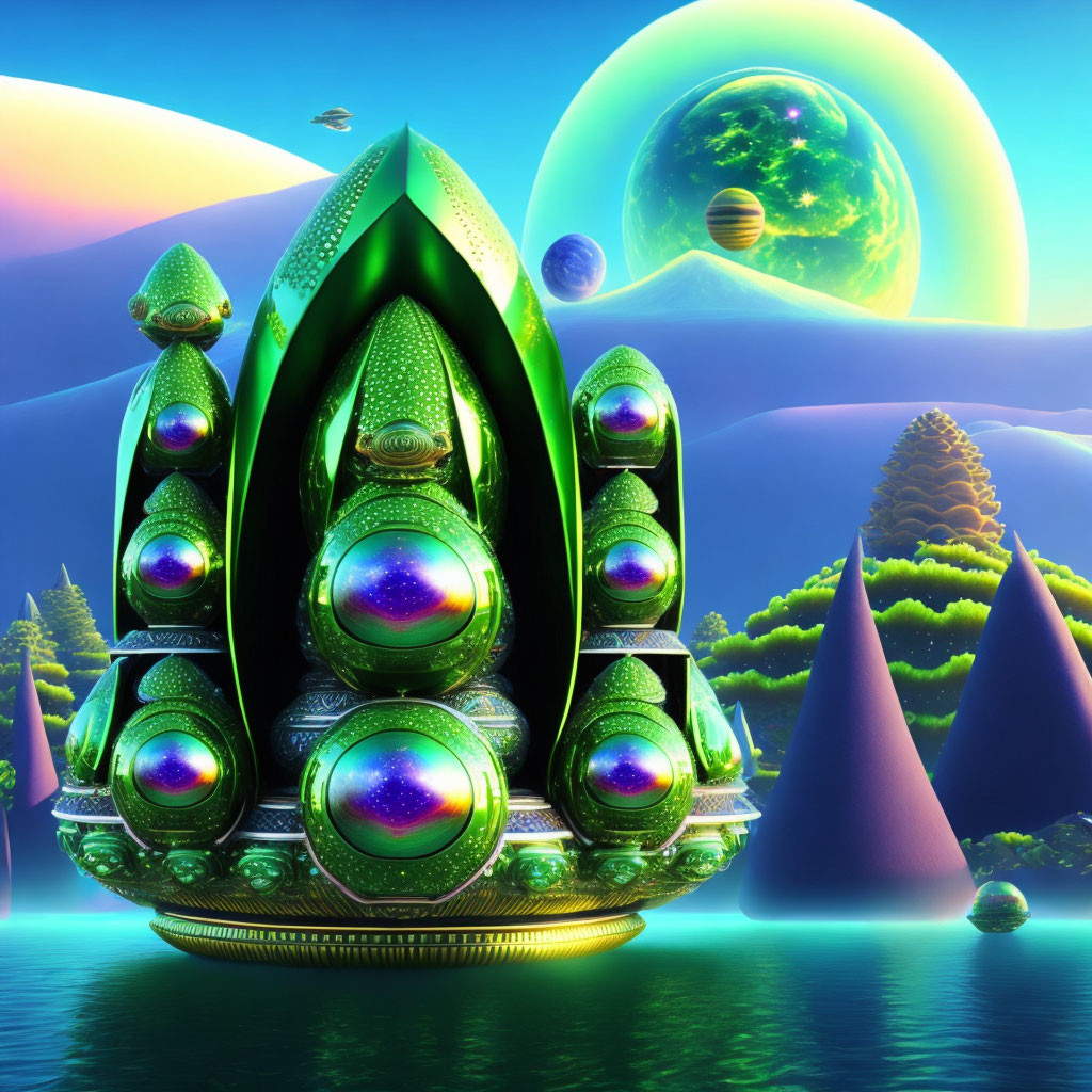 Futuristic digital art: Vibrant green structure in alien landscape