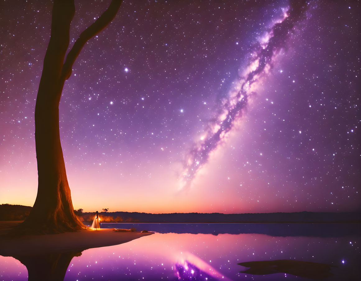 Nighttime landscape with tree silhouette, campfire, and Milky Way.