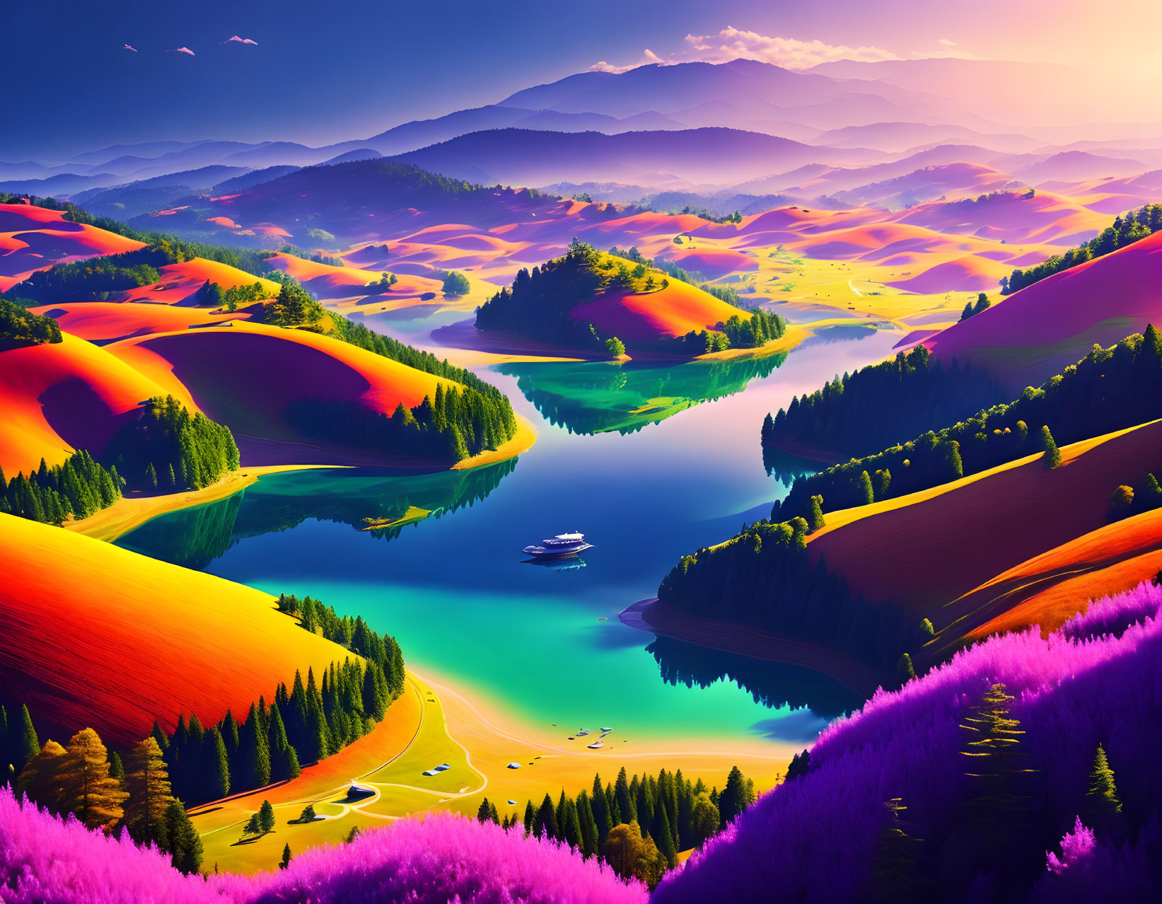 Colorful landscape painting: river, boat, hills, trees, and purple flora