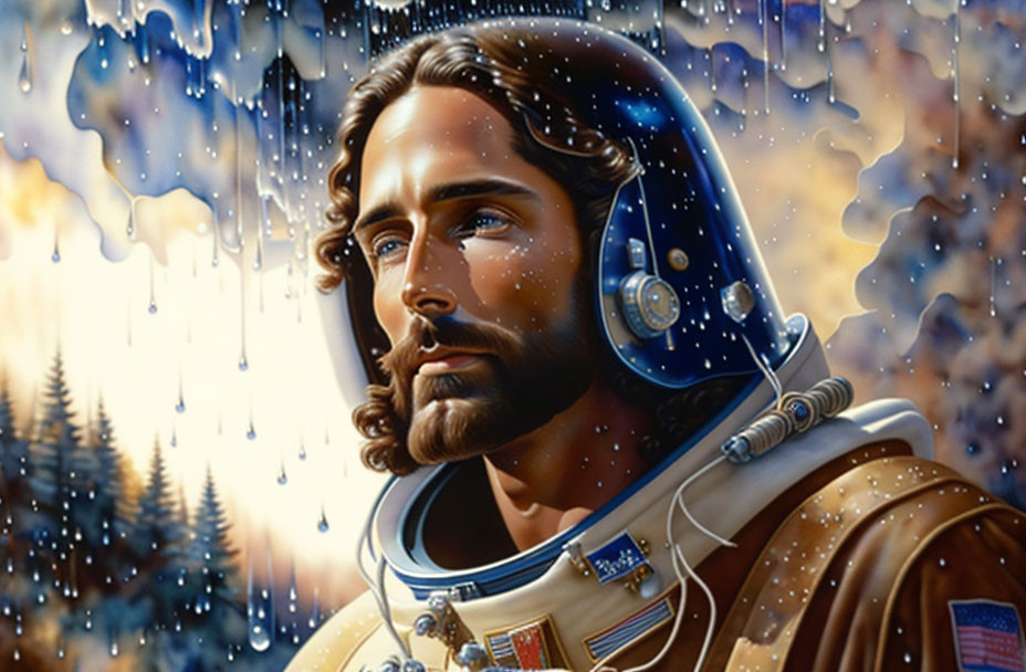 Man with Long Brown Hair and Beard in Astronaut Helmet, Snowy Forest and Auroras Background