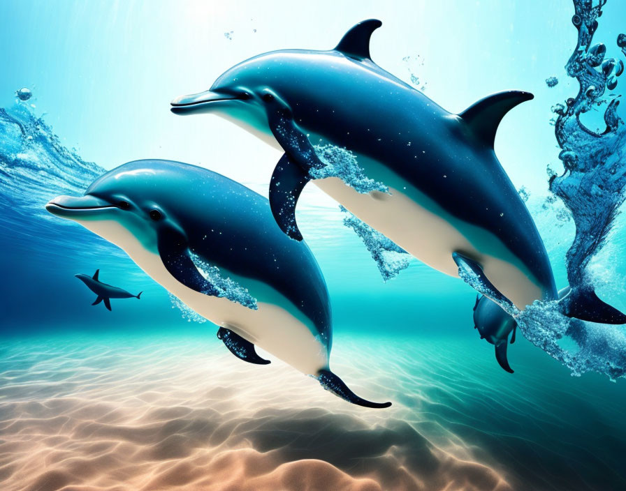 Underwater Scene: Dolphins, Sunbeam, Fish & Sandy Seabed