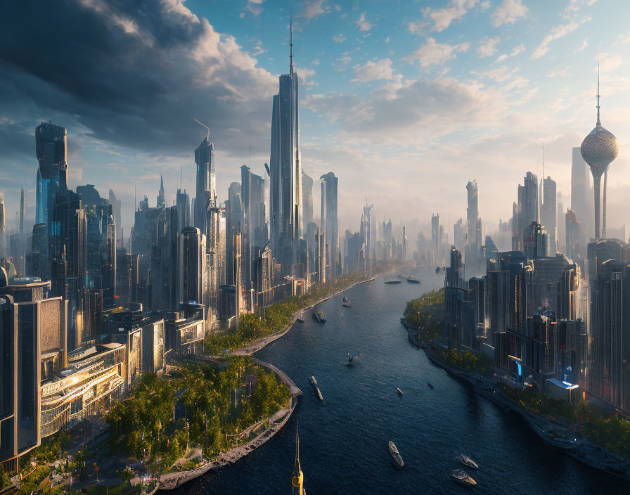 Futuristic cityscape: Skyscrapers, river, sunlight, green spaces, boats