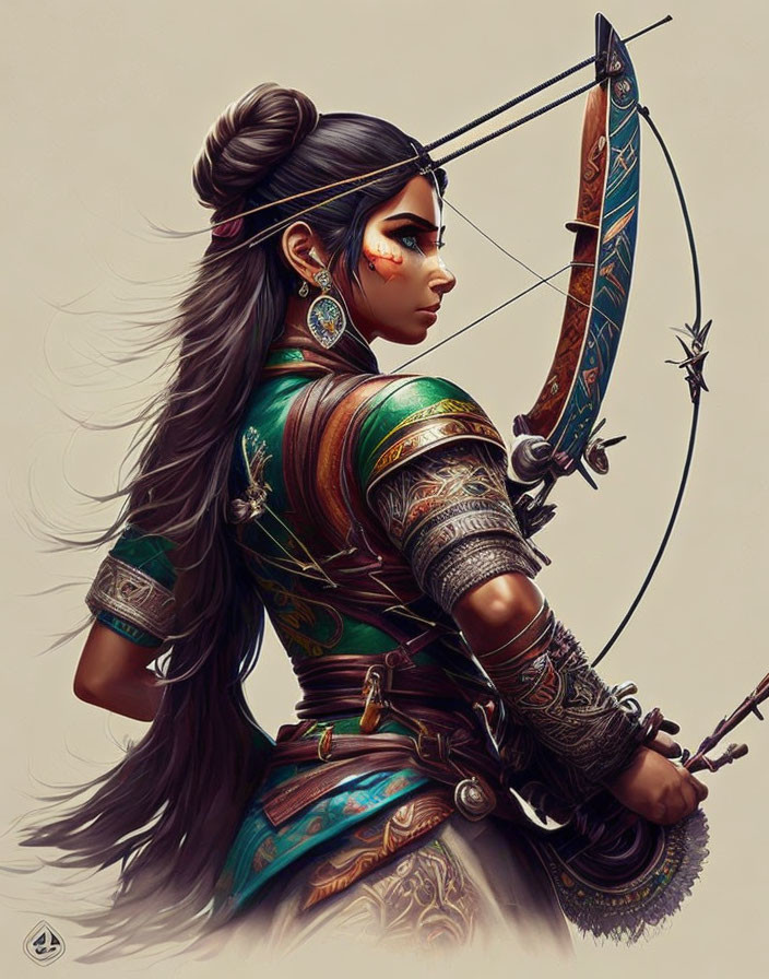 Detailed Female Archer in Green and Brown Armor with High Ponytail Aiming Intently