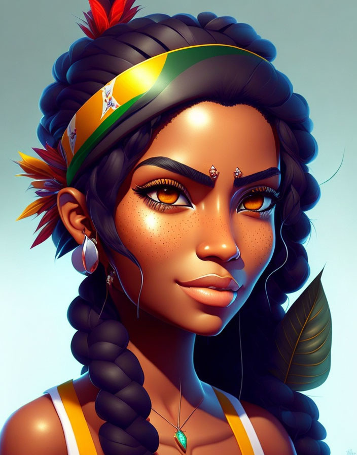 Woman with Braided Hair, Headband, Sparkling Eyes, Earrings, and Leaf Tattoo