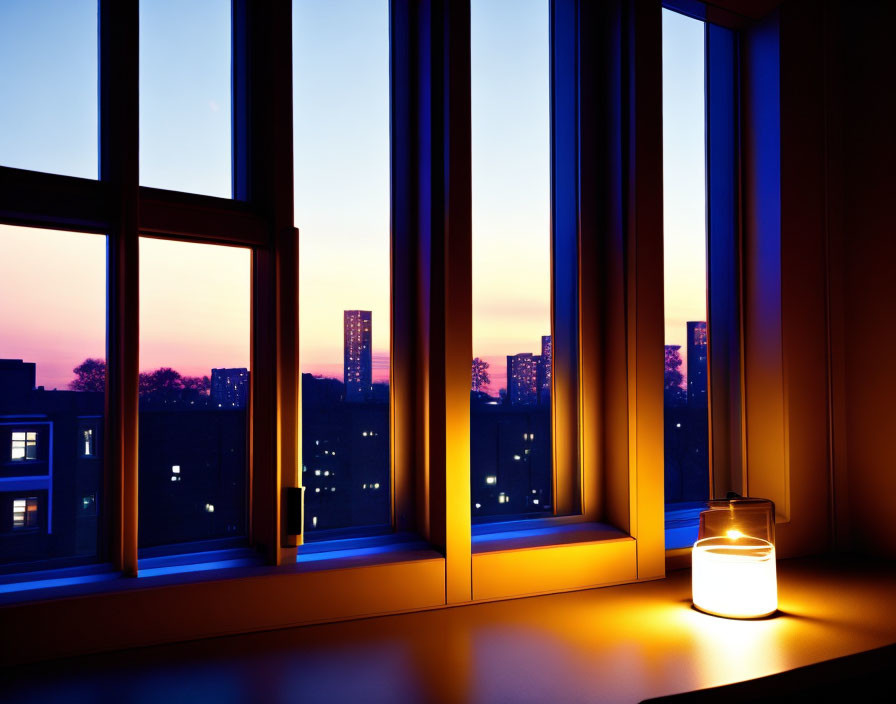 Twilight scene: Candle glowing on windowsill with silhouetted buildings and gradient sky