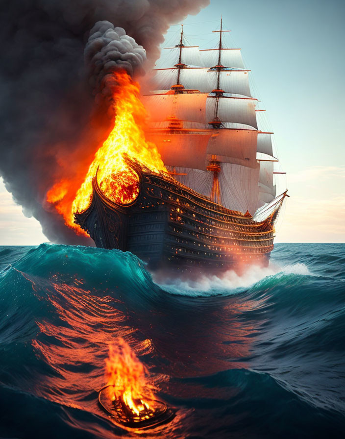 Sailing ship engulfed in flames on stormy sea