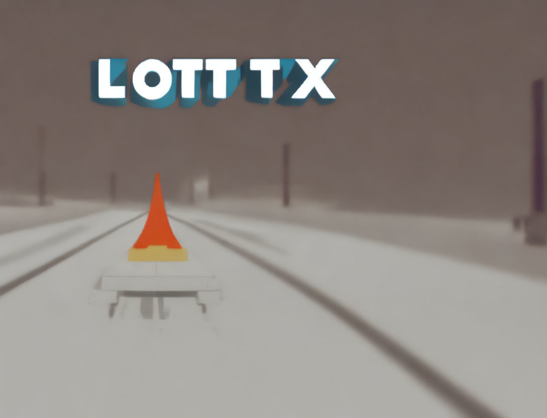 3D-rendered snow scene with orange traffic cone and bold "LOTTX" text on fog