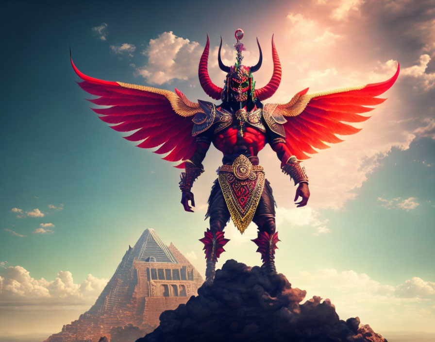 Winged warrior in red armor on rocky outcrop with pyramid and dramatic sky