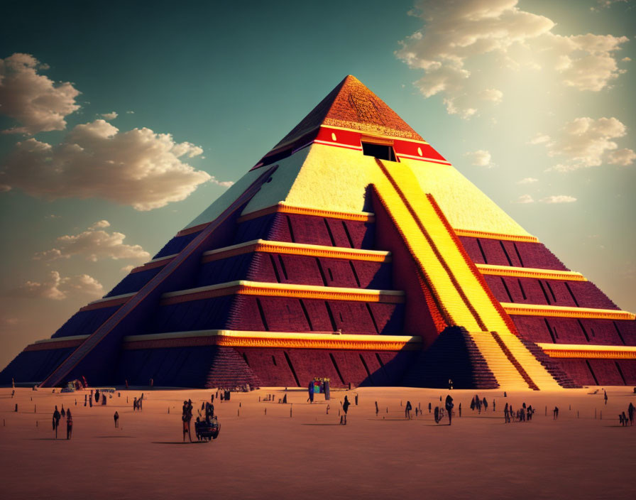 Colorful Striped Pyramid with Tiny Figures Under Clear Sky