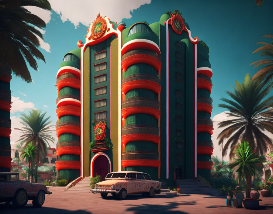 Luxurious Art Deco Hotel with Red and Green Stripes, Palm Trees, Vintage Cars