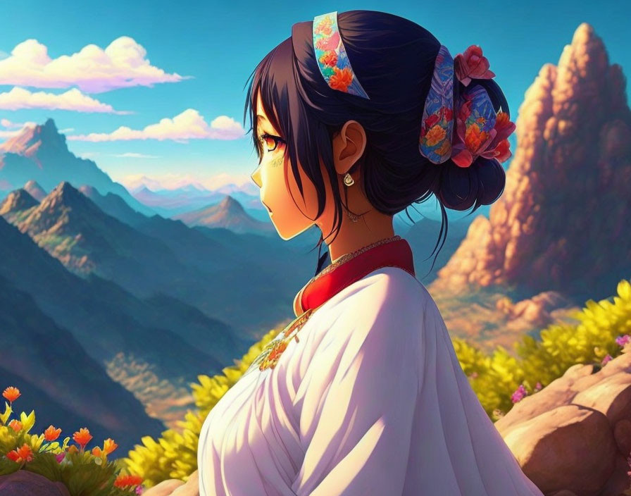 Dark-Haired Animated Character in White Outfit with Flower Adornments gazing at Mountains under Blue