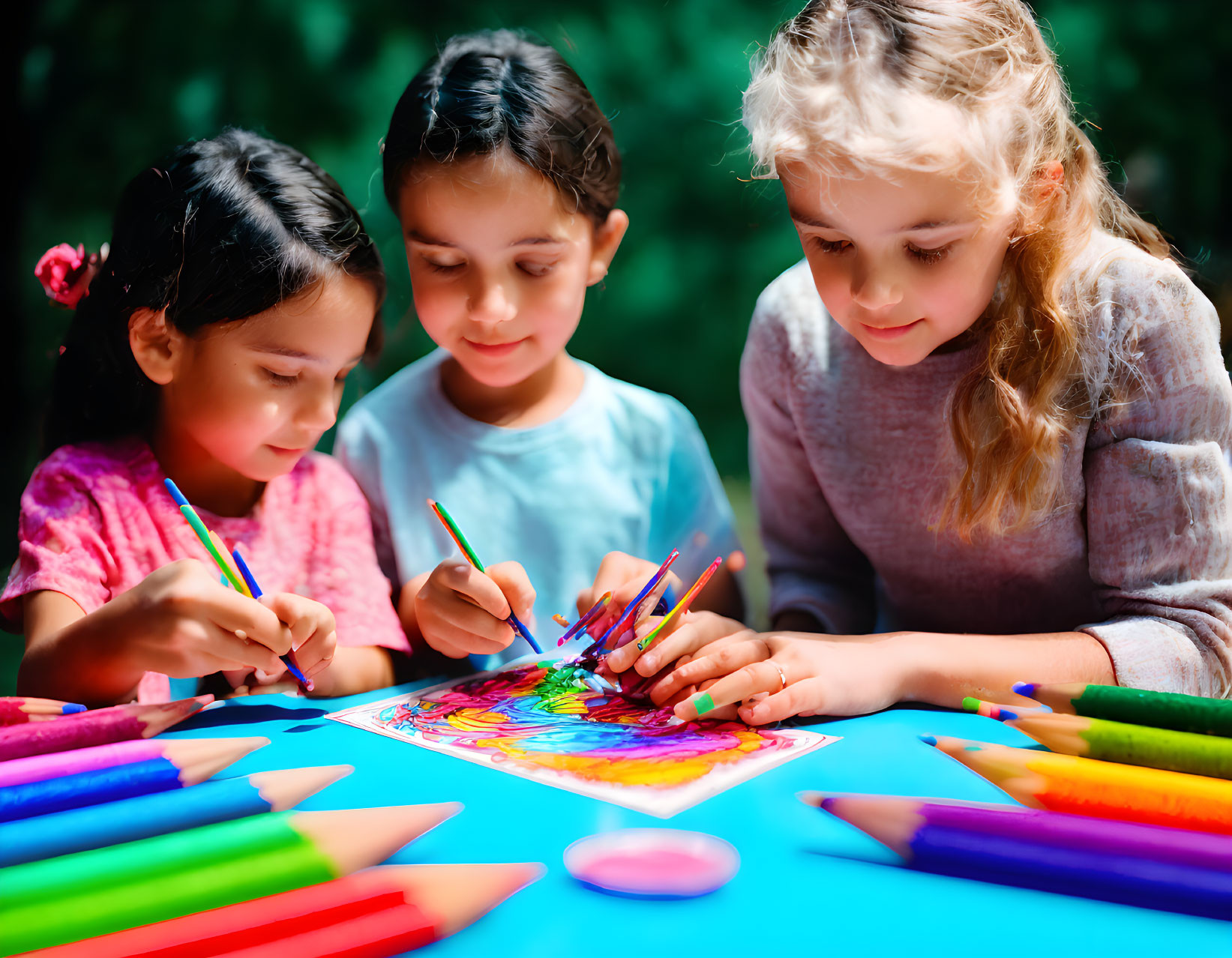 Children coloring picture with colored pencils on blue table