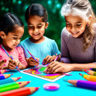 Children coloring picture with colored pencils on blue table