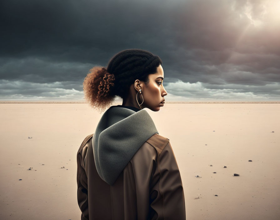 Stylish woman with dramatic hairstyle in barren landscape under cloudy sky