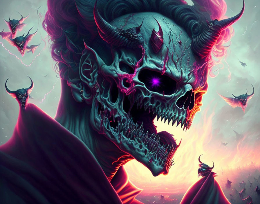 Menacing skull with horns and purple eyes in surreal fiery scene