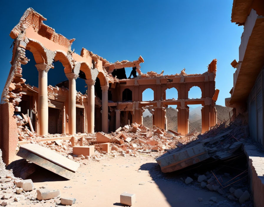 Ancient columned structure ruins under clear blue sky