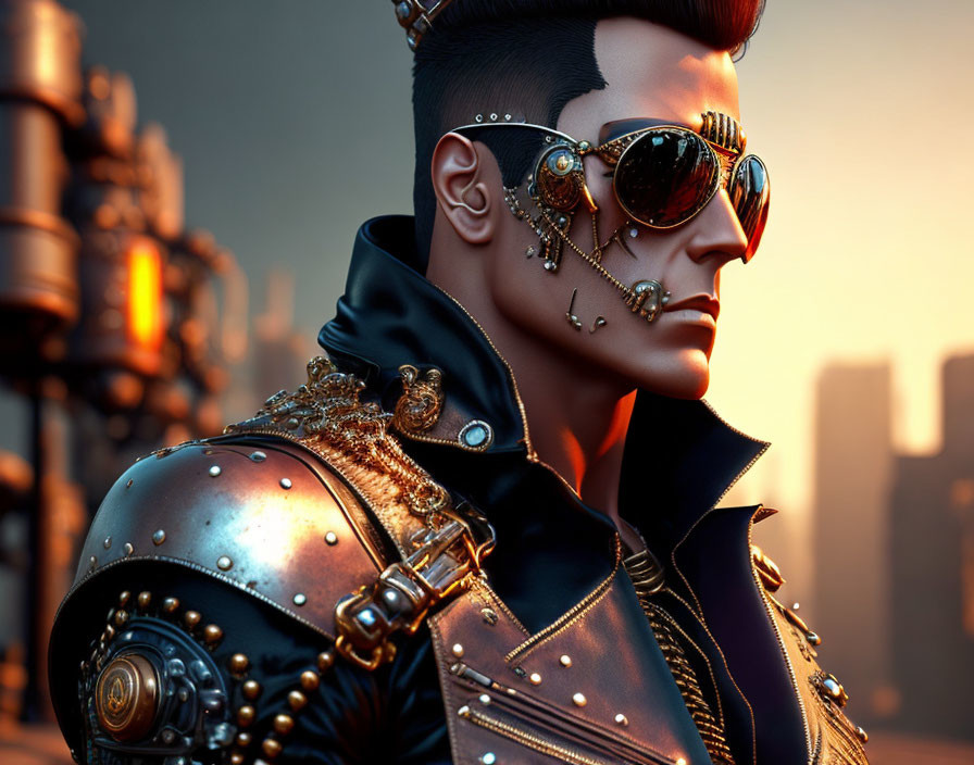 Futuristic punk character in reflective sunglasses and military-style jacket