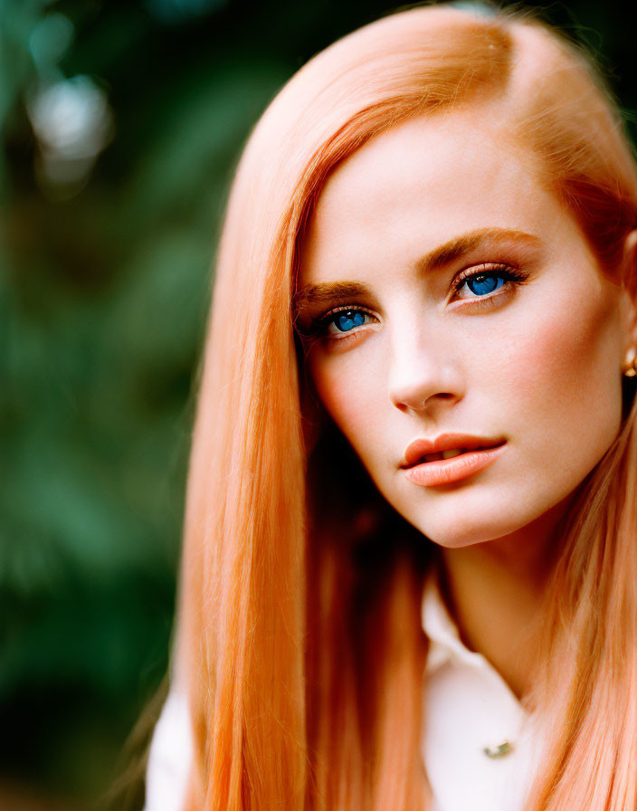 Portrait of woman with long red hair, blue eyes, fair skin, white shirt.