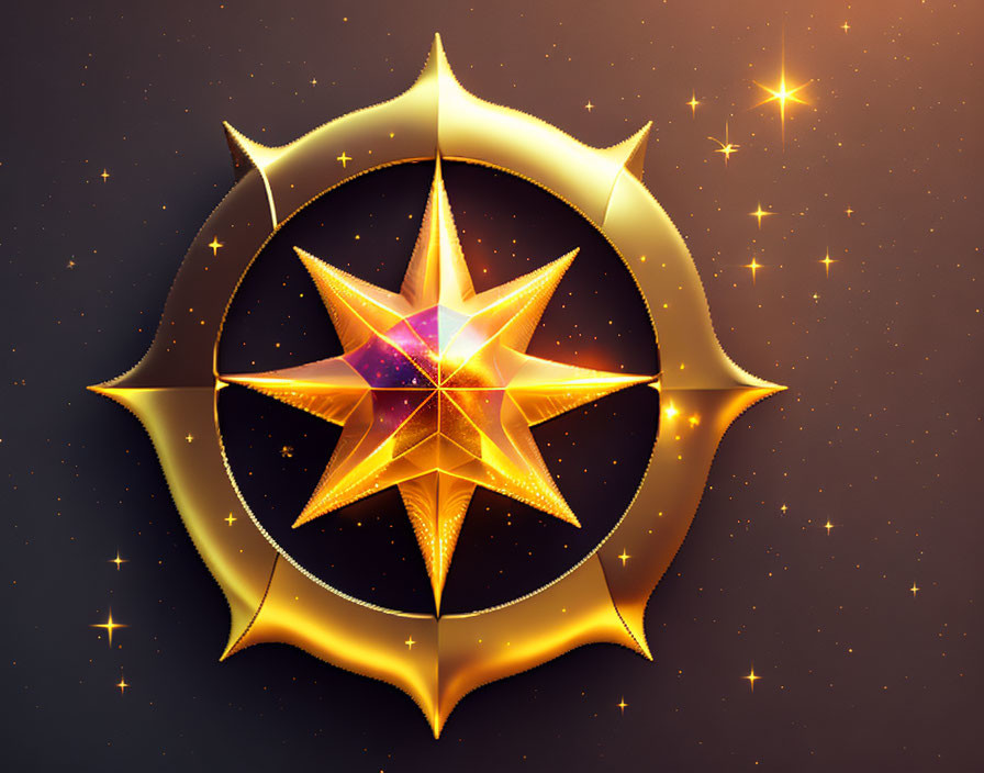 Golden geometric star in circular frame on dark background with sparkling lights