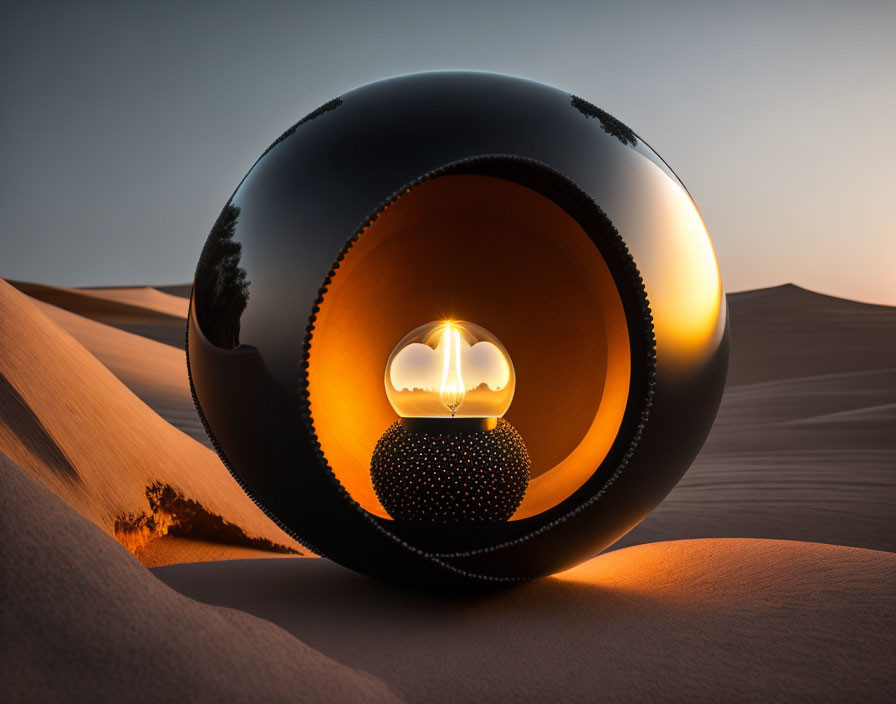 Surreal black sphere with golden interior on sand dune at twilight