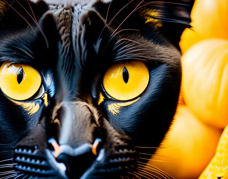 Black Cat with Yellow Eyes and Pumpkins in Background