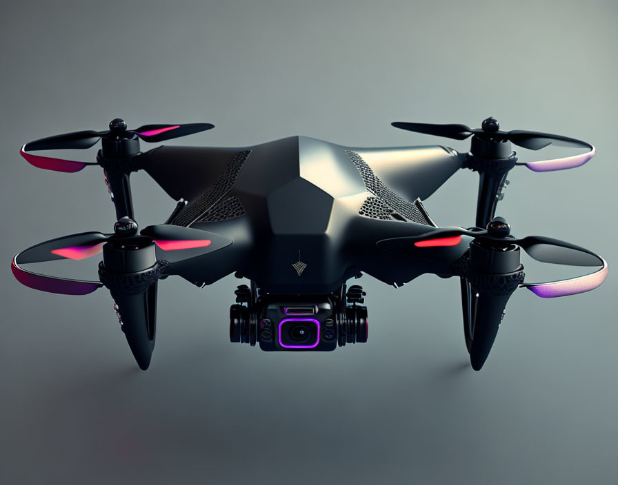 Modern Drone with Camera and Quad Propellers on Grey Background