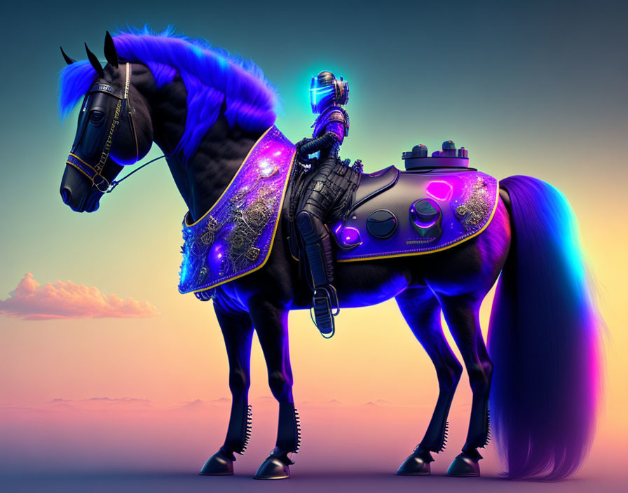 Futuristic knight in glowing armor on cybernetic horse against twilight.