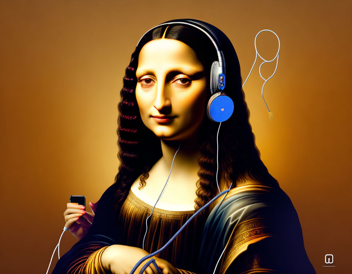 Modern Mona Lisa with blue headphones and MP3 player on warm gradient background