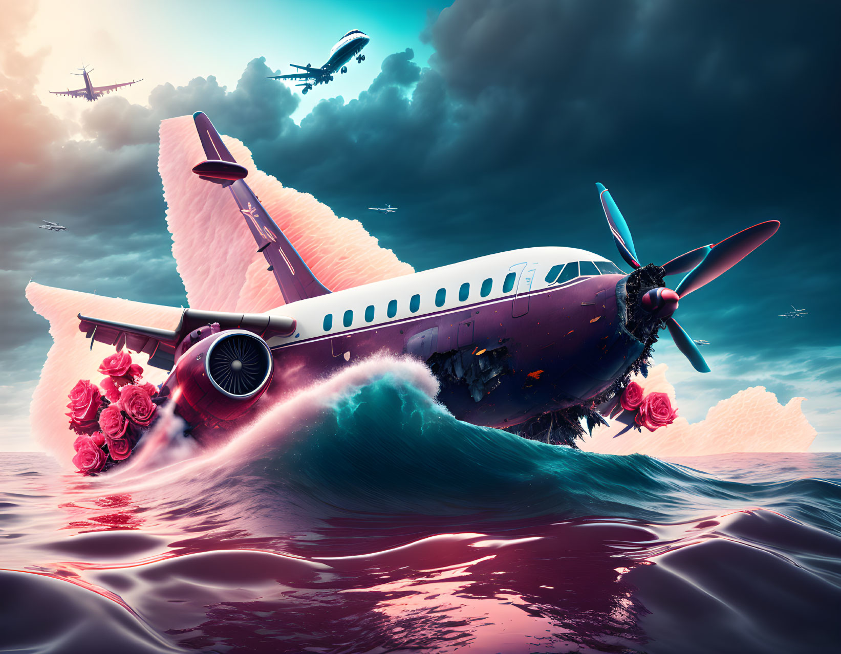 Surreal artwork of plane with rose-filled engines on ocean wave under pink cloud sky